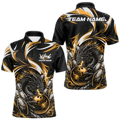 Maxcorners Custom Gold Lightning Dragon Bowling Men Polo Shirts, Dragon Bowling League Shirt TU3012