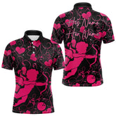 Maxcorners Black And Pink Custom Valentines Day Bowling Polo Shirts, Bowling Couple Shirt