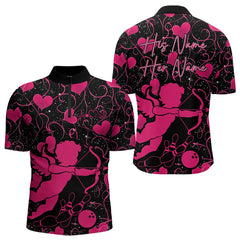 Maxcorners Black And Pink Custom Valentines Day Bowling Polo Shirts, Bowling Couple Shirt