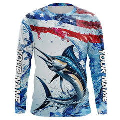 Maxcorners Personalized American Flag Marlin Fishing Shirts, Patriotic Marlin Long Sleeve Fishing Shirt LM2408