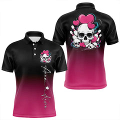 Maxcorners Custom Black And Pink Skull Valentines Day Couple Bowling Polo Shirts For Men