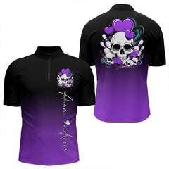Maxcorners Custom Black And Purple Skull Valentines Day Couple Bowling Polo Shirts For Men