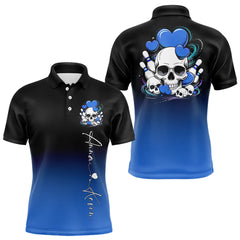Maxcorners Custom Black And Blue Skull Valentines Day Couple Bowling Polo Shirts For Men