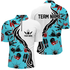 MaxCorners Bowling Ball And Pins Jerseys Multicolor Option Customized Name, Team Name 3D Stand Collar Zipper Polo Shirt