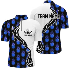 MaxCorners Bowling Ball And Pins Flame Multicolor Option Customized Name, Team Name 3D Stand Collar Zipper Polo Shirt