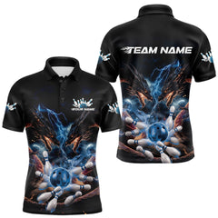 Maxcorners Custom Blue Lightning Flame Dragons Bowling Men Polo Shirt, Fire Dragon Bowling Jerseys LM1109