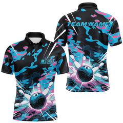 Maxcorners Custom Blue And Pink Camo Bowling Polo Shirt For Men, Camouflage Bowling Team Outfit LM1109