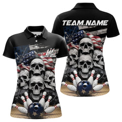Maxcorners Custom Us Flag Skull Bowling Team Polo Shirts For Men And Women, Patriotic Bowling League Shirt