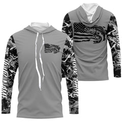 Maxcorners Gray Camo Us Flag Largemouth Bass Custom Patrotic Long Sleeve Fishing Shirt, Bass Fishing Jersey