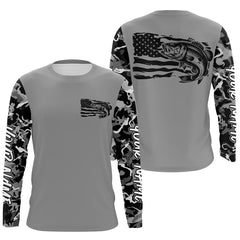 Maxcorners Gray Camo Us Flag Largemouth Bass Custom Patrotic Long Sleeve Fishing Shirt, Bass Fishing Jersey