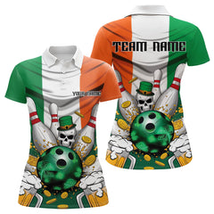 Maxcorners Custom Irish Flag St Patricks Day Bowling Polo Team Shirts For Men, Skull Leprechaun Bowling
