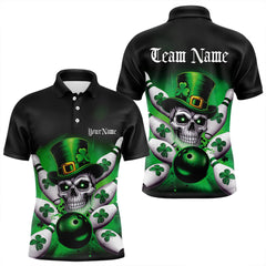 Maxcorners Custom Black And Green Lucky Clover St Patricks Day Skull Bowling Team Polo Shirts For Men And Women