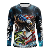 Maxcorners Blue Thunder Lightning US Flag Eagle Custom Patriotic Largemouth Bass Long Seeve Fishing Shirts LM0501