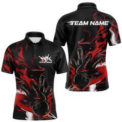 Maxcorners Custom Black And Red Camo Flame Bowling Team Polo Shirts For Men, Bowling Jerseys TU1609