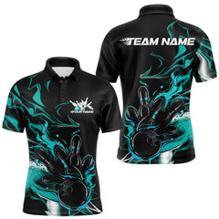 Maxcorners Custom Black And Turquoise Blue Camo Flame Bowling Team Men Polo Shirts, Bowling Jerseys TU1609