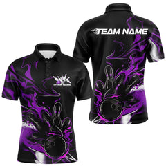 Maxcorners Custom Black And Purple Camo Flame Bowling Team Polo Shirts For Men, Bowling Jerseys TU1609