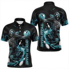 Maxcorners Custom Black And Blue Skeleton Bowling Polo Shirts For Men, Skull Bowling Tournament Shirt