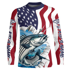 Maxcorners Custom American Flag Striped Bass Long Sleeve Fishing Shirts, Patriotic Striper Fishing Jerseys LM0501