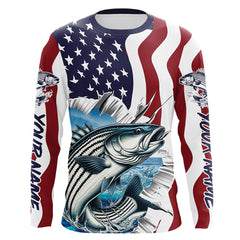 Maxcorners Custom American Flag Striped Bass Long Sleeve Fishing Shirts, Patriotic Striper Fishing Jerseys LM0501