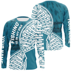 Maxcorners Aqua Blue Fishing Is In My DNA Custom Long Sleeve Fishing Shirts, Fishing Tools DNA LM0607