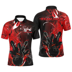 Maxcorners Black And Red Custom Flame Bowling Polo Shirts For Men, Fire Bowling Team Shirt