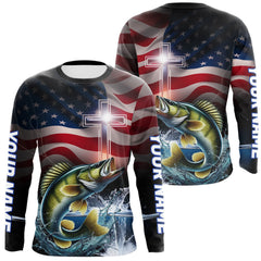 Maxcorners Custom Patrotic Walleye Long Sleeve Fishing Shirts, Faith Walleye Fishing Shirt LM0607