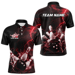 Maxcorners Custom Black And Red Thunder Lightning Bowling Tournament Polo Shirts For Men