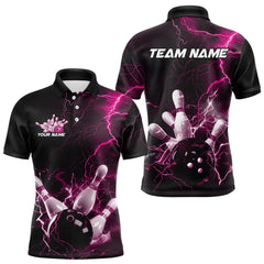 Maxcorners Custom Black And Pink Thunder Lightning Bowling Tournament Polo Shirts For Men