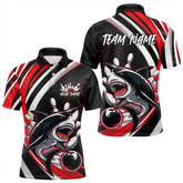 Maxcorners Custom Black And Red Shark Bowling Polo Shirts For Men, Shark Bowling Team Jerseys