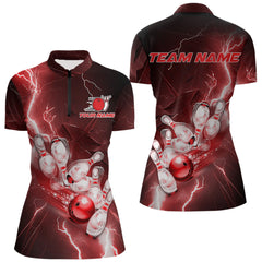 Maxcorners Custom Red Thunder Lightning Bowling Polo Shirts For Men, Bowling League Shirt MT0609