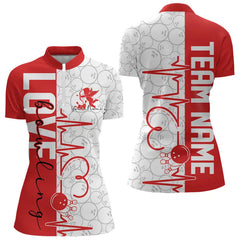 Maxcorners White And Red Custom Love Bowling Polo Shirts, Valentines Couple Bowling Jerseys