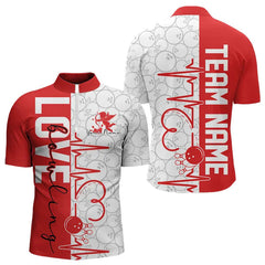 Maxcorners White And Red Custom Love Bowling Polo Shirts, Valentines Couple Bowling Jerseys