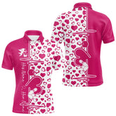 Maxcorners Pink Bowling Heartbeat Pulse Line Custom Valentines Day Bowling Polo Shirts