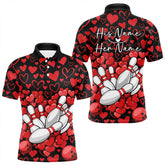 Maxcorners Black And Red Heart Theme Custom Valentines Bowling Polo Shirt For Men, Couple Bowling Shirt