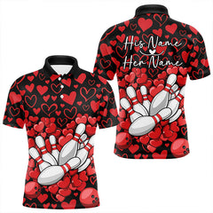 Maxcorners Black And Red Heart Theme Custom Valentines Bowling Polo Shirt For Men, Couple Bowling Shirt