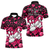 Maxcorners Black And Pink Heart Theme Custom Valentines Bowling Polo Shirt For Men, Couple Bowling Shirt