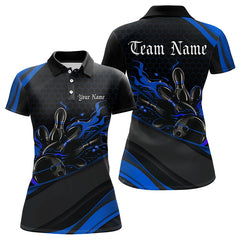 Maxcorners Custom Black And Blue Flame Bowling Polo Shirts For Men, Bowling Tournament Team Shirts