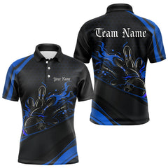 Maxcorners Custom Black And Blue Flame Bowling Polo Shirts For Men, Bowling Tournament Team Shirts