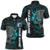 Maxcorners Bowling Ball And Pins Cyan Flame Skull Customized Name, Team Anme 3D Polo Shirt