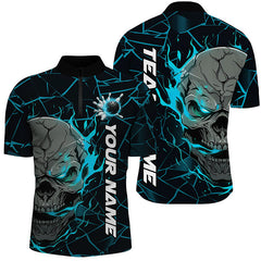 Maxcorners Bowling Ball And Pins Cyan Flame Skull Customized Name, Team Anme 3D Polo Shirt