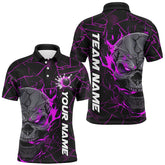 Maxcorners Bowling Ball And Pins Purple Flame Skull Customized Name, Team Anme 3D Polo Shirt