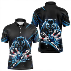 Maxcorners Custom Black And Blue Panther Bowling Polo Shirts For Men, Bowling Team Uniform LM112