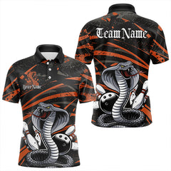 Maxcorners Custom Black And Orange Cobra Snake Bowling Team Polo Shirts For Men, Bowling League Shirts LM1102