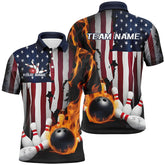 Maxcorners Flaming Bowling Ball Custom Patriotic Bowling Jersey Customized Name, Team Name 3D Shirt
