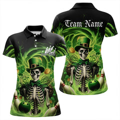Maxcorners Custom Green St Patricks Day Skull Bowling Polo & Quarter Zip Shirt For Men And Women, Shamrock Bowling Shirt