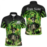 Maxcorners Custom Green St Patricks Day Skull Bowling Polo & Quarter Zip Shirt For Men And Women, Shamrock Bowling Shirt