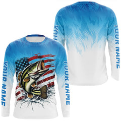 Maxcorners Custom Patriotic Largemouth Bass Long Sleeve Fishing Shirts, Blue American Flag Us Fishing Shirt MT2108