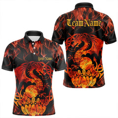 Maxcorners Custom Fire Flame Viking Dragon Bowling Polo Team Shirts For Men, Celtic Bowling Shirts