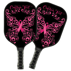 Maxcorners Personalized Black And Pink Breast Cancer Ribbon Butterfly Custom Pickleball Paddle, Breast Cancer Awareness Paddles