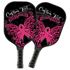 Maxcorners Black And Pink Breast Cancer Ribbon Butterfly Custom Pickleball Paddle, Breast Cancer Awareness Paddles